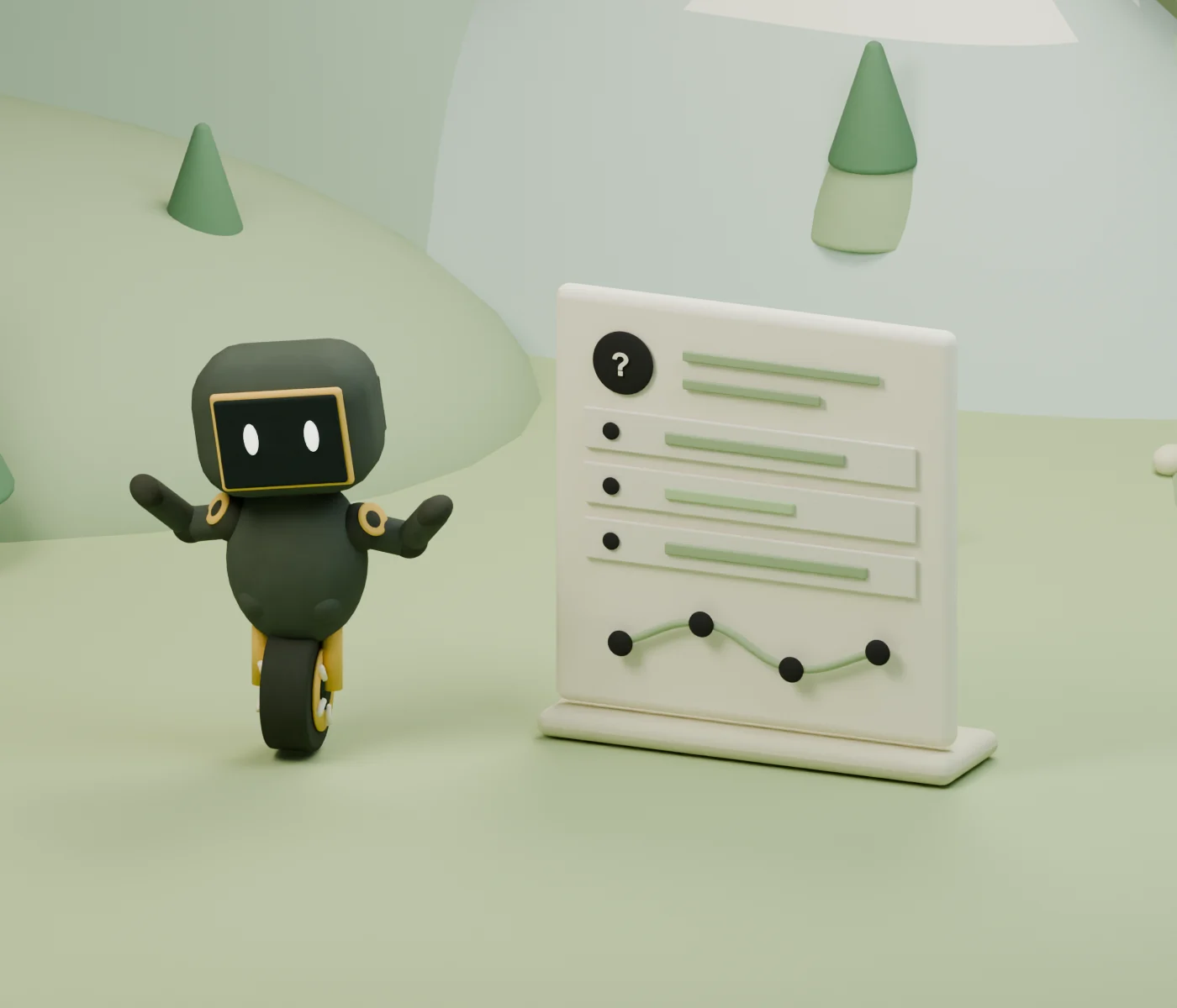 A black clay agent stands beside a cream visit record showing its questions, its activity and a simple journey line