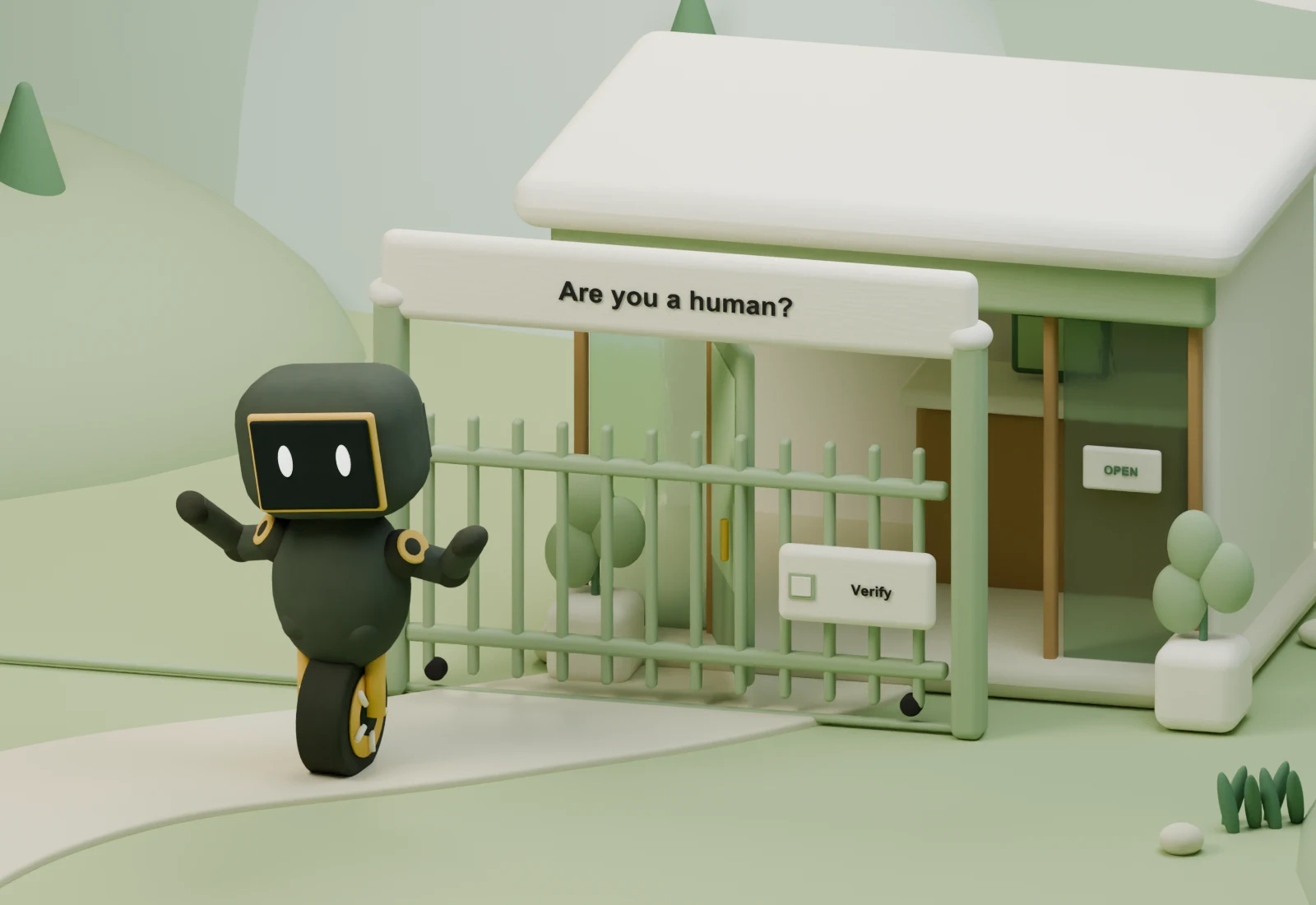A clay agent shrugs with both palms up at a closed signup gate marked Are you a human?