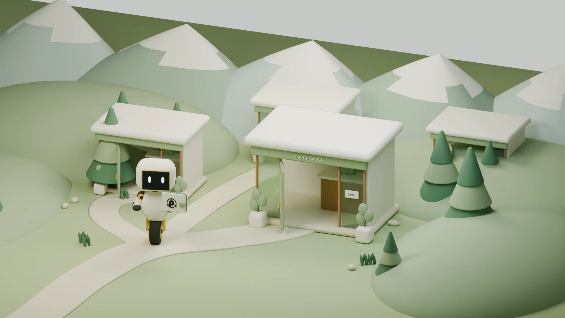 An ivory clay agent with a Paysmith wallet visits open storefronts in a sage Himalayan valley