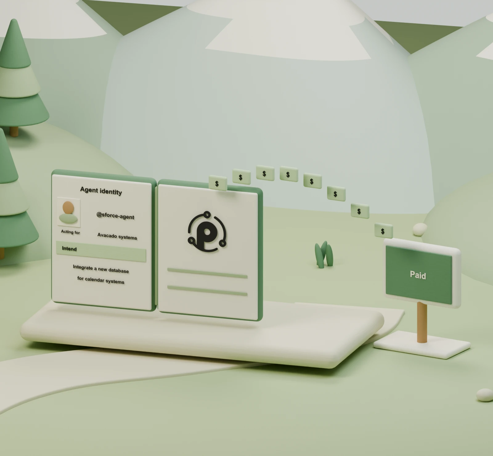An open ivory and sage Paysmith wallet carries an agent identity and sends mint payment tokens to a product terminal